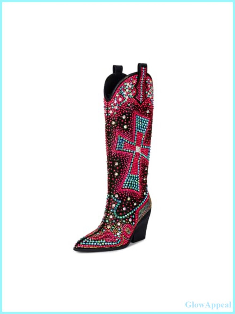 Knee-High Rhinestone Western Cowgirl Boots Chunky Heel Faux Leather